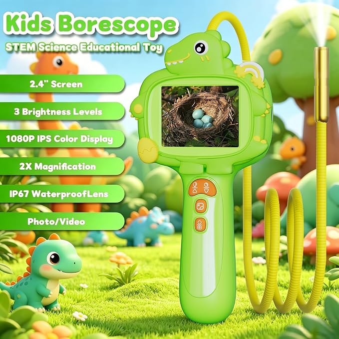 Kids Borescope Camera with Light, 2.4" Screen Kids Endoscope, Science Kits STEM Educational Toys for Boys & Girls Ages 4-12, Birthday Gifts for Indoor Outdoor Nature Explorer(Green)