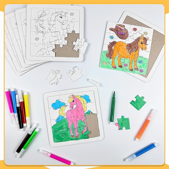 Cinrobiye 24 Pcs Horse Coloring Jigsaw Craft Kit for Kids, DIY Farm Pony Activity Set Bulk with 12 Designs, Rodeo Birthday Party Favors, Classroom Art Projects, Western Theme Supplies
