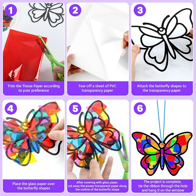 Lonfliness 32 Sets Butterfly Suncatcher Craft Kit DIY VBS Window Stain Glass Effect Paper Butterfly Sunday School Classroom Decors Spring Easter Art Craft Creative Activity Project Kid Gift Favor