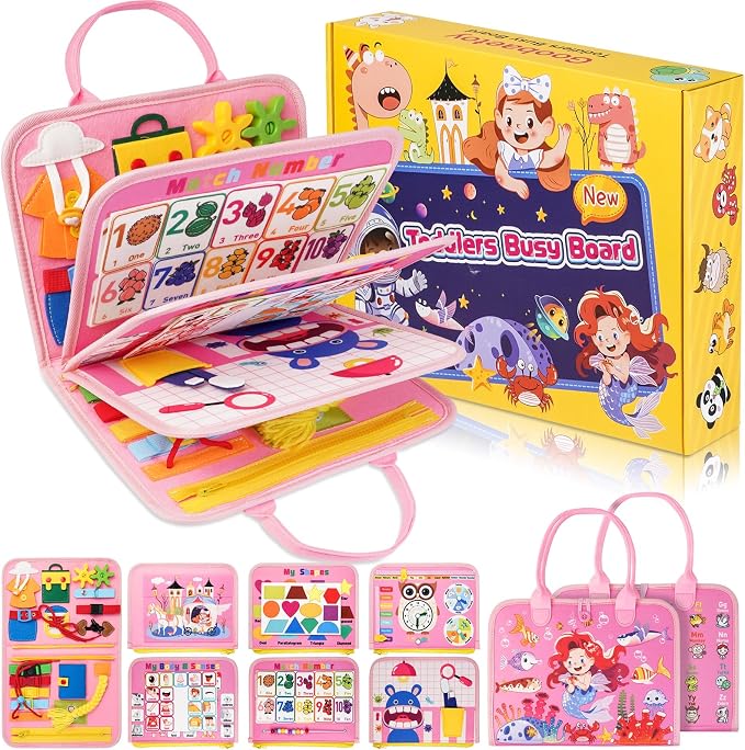 3 Year Old Girl Birthday Gift, Montessori Busy Board Book, Toddler Toys for 3-6 Year Old Girls Gift, Educational Sensory Learning Activity Toys for Airplane Car Indoor Outdoor