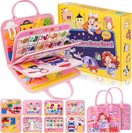 3 Year Old Girl Birthday Gift, Montessori Busy Board Book, Toddler Toys for 3-6 Year Old Girls Gift, Educational Sensory Learning Activity Toys for Airplane Car Indoor Outdoor