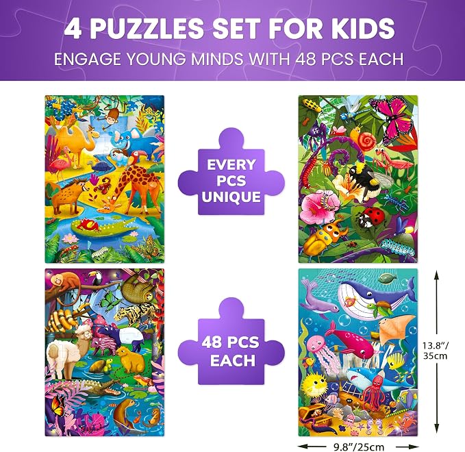 48 Piece Puzzles for Kids Ages 4-6 - 4 Jigsaw Kids Puzzles Ages 3-5 | Learning Insects, African, Amazon, Ocean Animals Puzzle - Jigsaw Game 4-8 Year Old - Educational Toys for Toddlers