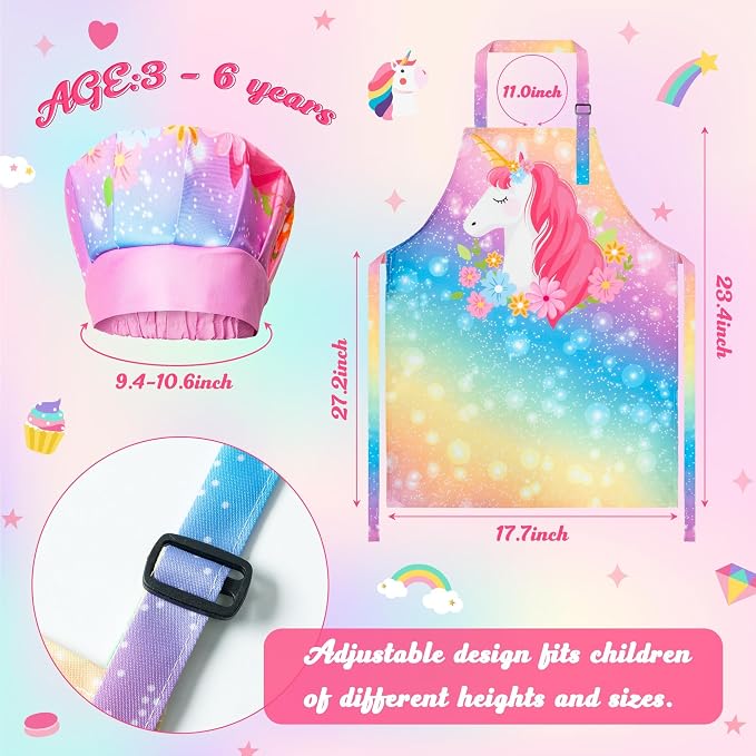 R HORSE 2 Pieces Kid Apron and Chef Hat Set, Dress up Role Play Chef Toy | Magic Horse Adjustable Children Kitchen Apron for Girl, Ideal for Cooking, Baking, Painting, Training, Cooking Birthday Gift