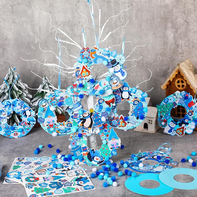 Hollowfly 48 Sets Winter Wreath Craft Kits, DIY Snowflake Snowman Decor | Blue Foam Bases with Snowflake Ornaments, Snowman Stickers for Kids Winter Party Favors, Holiday Classroom Group Activities