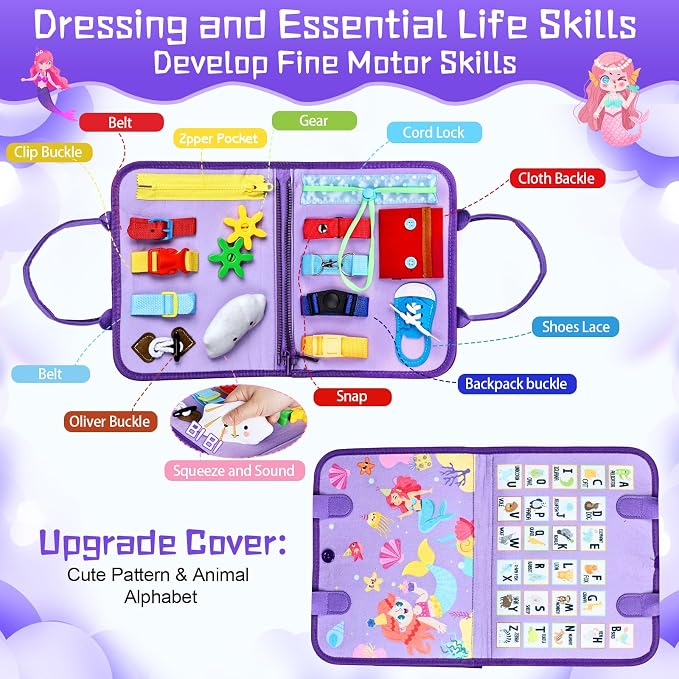 Esjay Busy Board Montessori Toys for Girls, Sensory Book Educational Activities Learning Fine Motor Skills, Birthday Gifts for Girls, Travel Toys for Airplane Car, Purple Multipages