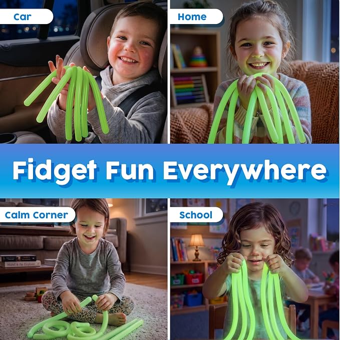 BUNMO Sensory Toys Stretchy Strings for Toddlers 3+ - Vibrant & Stretchy Fidget Toys for Kids - Hours of Fun for Kids - Non-Mouthable Toy 3+ - Glow 6 Pack