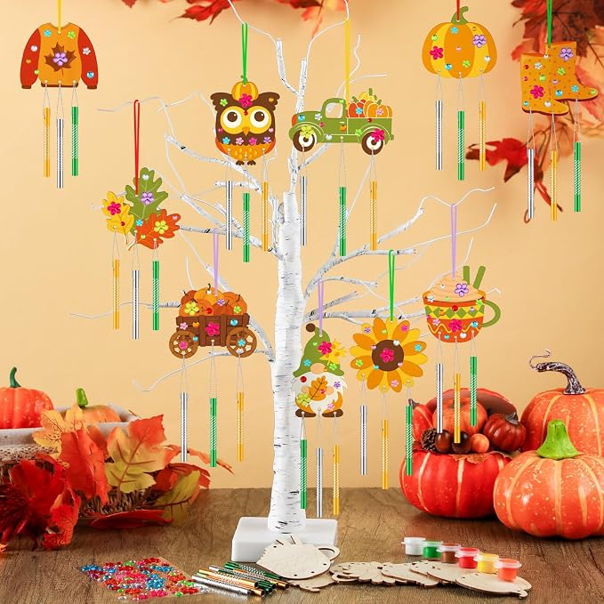 JellyArch 30 Pack Wind Chime Craft Kit Fall Harvest Wooden DIY for Adults | 10 Designs with Bells Paints, Bulk Party Favors Kids, Ocean Summer Crafts, Birthday Decoration Maple Leaf Ornaments