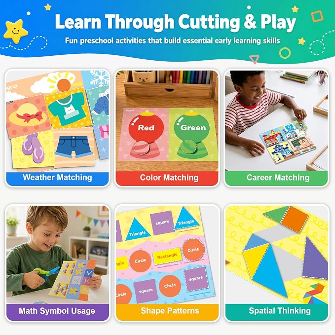 JoyCat Scissor Skills Activity Kit, Toddler Scissors Ages 3-5, Learning | Preschool workbook with 34 learning activities, scissors for kids and glue for cutting practice and toddler crafts.