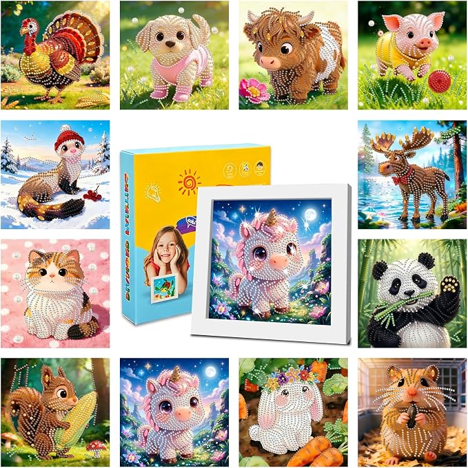 DOZEEZOP 12-Pack Small Diamond Art Kits for Kids 6-12, Land-Animals 7"x7" | 5D Diamond Painting, Partial Round & Special Drills, Desktop & Wall Decor, Beginner DIY Craft, Stress Relief Gift