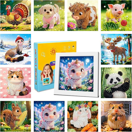 DOZEEZOP 12-Pack Small Diamond Art Kits for Kids 6-12, Land-Animals 7"x7" | 5D Diamond Painting, Partial Round & Special Drills, Desktop & Wall Decor, Beginner DIY Craft, Stress Relief Gift