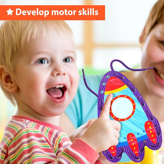 KRAFUN Transport Vehicle Lacing Cards Age 3+ | 5 Projects | 5 vehicle cards: Car, Rocket, Train, Plane & Ship. Builds fine motor skills for toddlers. Beginner activity ages 3+