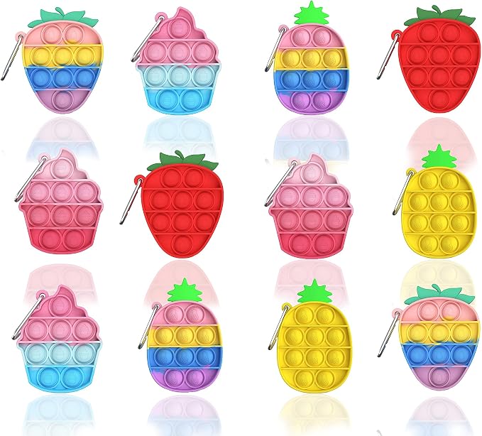 12Pcs pop Bubble Fidget Toy, Strawberries, Pineapples, ice Cream Simple Fidget Toy, Keychain Bubble Pop Desk Toy, Decompression Toys Suitable for All Ages