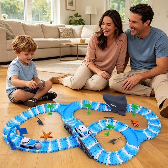 Ocean Theme Flexible Race Car Tracks for Kids, Birthday Gift for Boys Age 3 4 5 6 7 Years Old, 240+ PCS Buildable Car Track Playset with Shark Tunnel and Sea Creature Accessories