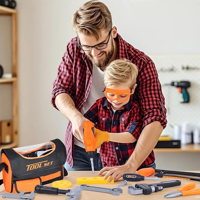 Magic4U Kids Tool Set, 52PCS Toddler Toolbag with Electric Drill, Tool Belt | Electric Drill with 3 bits, Pretend Play Construction Toys Costume Adjustable Tool Belt, Gloves and Goggles for Age 3-8
