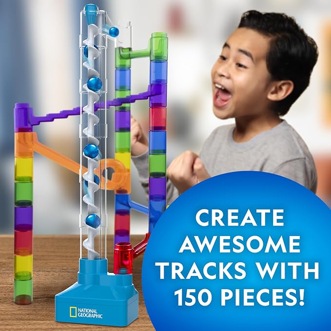 National Geographic Motorized Marble Run 150-Piece Building Set for Kids | Motorized Elevator, 30 Marbles, Storage Bag, Perpetual Motion Machine, Physics Learning, STEM Toy, Marble Maze