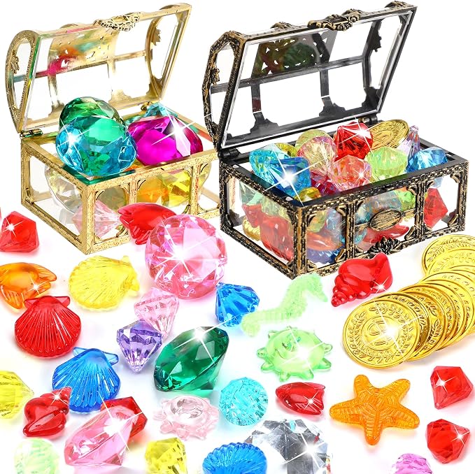 70 Pcs Diving Gem Pool Toys with 2 Treasure Pirate Boxes | Colorful Acrylic Diamonds, Fake Gemstones, Swim Underwater Toys, Pool Water Games, Summer Birthday Gift Party Decorations