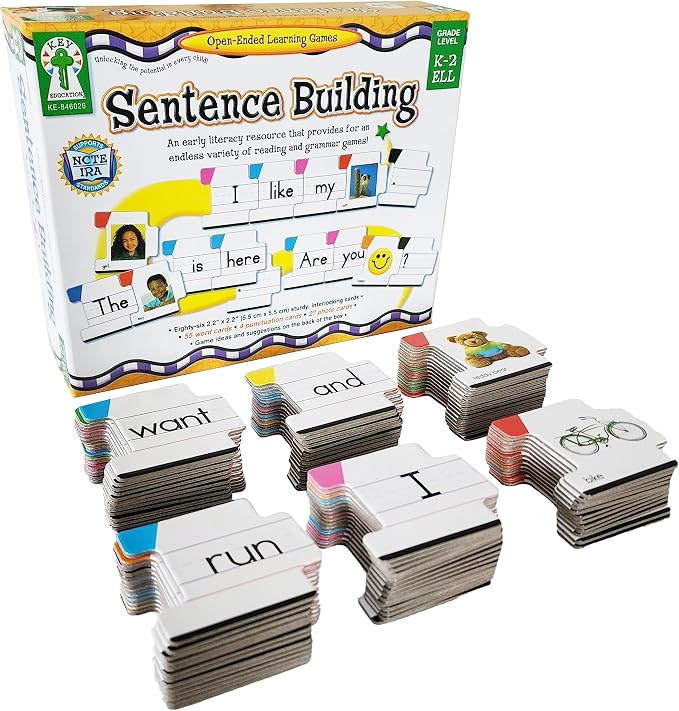 Key Education Sentence Building Game, Phonics Puzzles Grammar Flashcard Set | 86 Interlocking Sight Word Puzzle Cards, Color Coded Parts of Speech for Kids, Kindergarten, 1st & 2nd Grade Learning