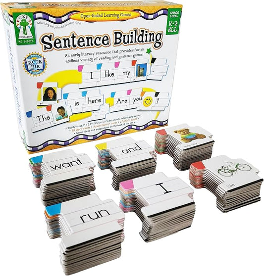 Key Education Sentence Building Game, Phonics Puzzles Grammar Flashcard Set | 86 Interlocking Sight Word Puzzle Cards, Color Coded Parts of Speech for Kids, Kindergarten, 1st & 2nd Grade Learning