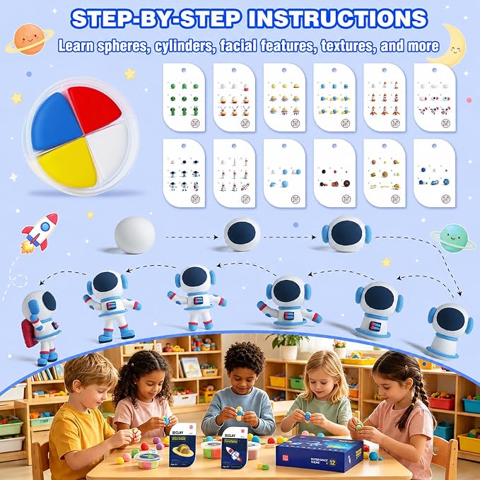 Air Dry Clay Kit -12 Space Theme Modeling Clay for Kids Arts and Crafts | Ultra Light & Soft,Safe & Non-Toxic,No-Sticky & Crack,DIY Molding Clay with Sculpting Tools,Party Favors Gifts for Girls Boys
