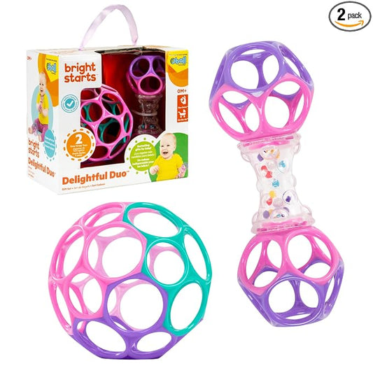 Bright Starts Delightful Duo 2-Pack Gift Set with Easy-Grasp Oball Rattles, Pink, Baby Toys for Newborn and Up