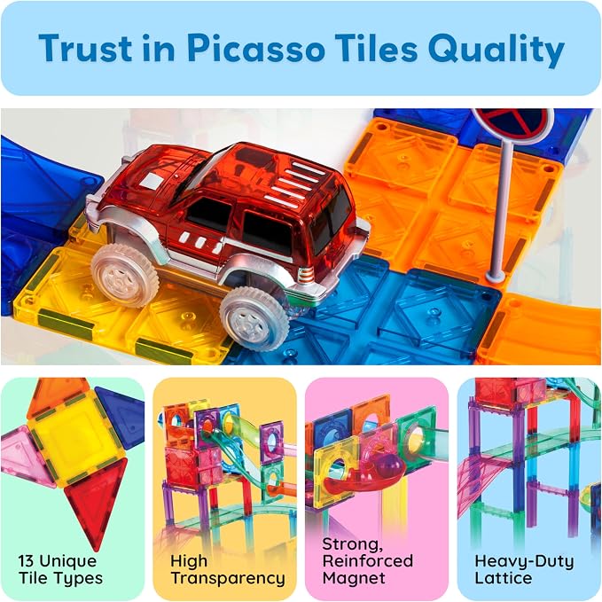 PicassoTiles 108 Piece Marble Run Race Track Set with LED Cars STEM Ages 3+ | 2 Light-Up Vehicles, 4 Magnetic Marbles, BPA-Free, Expandable Collection, Fine Motor Skills,Problem-Solving Screen-Free Toy