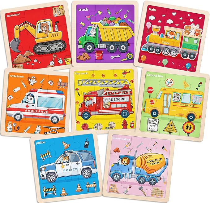 Wooden Jigsaw Puzzles for Kids Ages 3-5, 8-Pack 9-Piece Traffic Puzzles Toy | Transportation Wood Puzzles Set, Toddler Brain Teaser Toys, Gifts for Boys Girls Ages 3 4 5 6
