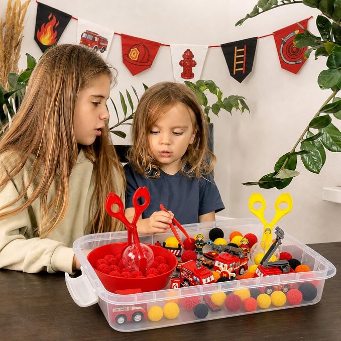 Cinrobiye 138Pcs Firefighter Sensory Bin Fillers Set, Fire Truck Rescue Theme Kit with Fire Station, Rescue Vehicle, Traffic Barrier, Storage Box for Scene Setup, Classroom Activities Creative Project