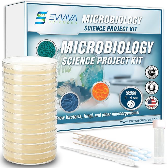 Evviva Sciences Microbiology Science Project Kit, Pre-Poured Agar Plates for Students, Agar Petri Dishes to Learn Microbiology, with Educational Experiment eBook
