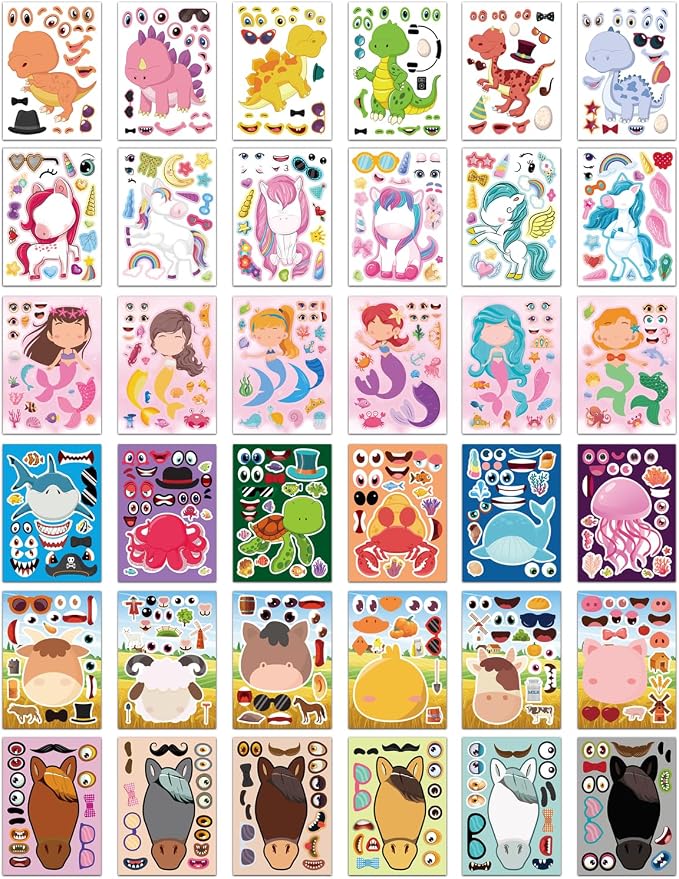 36 Make-a-Face Sticker Sheets for Kids | Mix 'n Match Animal Sticker Crafts with 6 Themes for Party Favors, Goodie Bag Stuffers & Classroom Activities