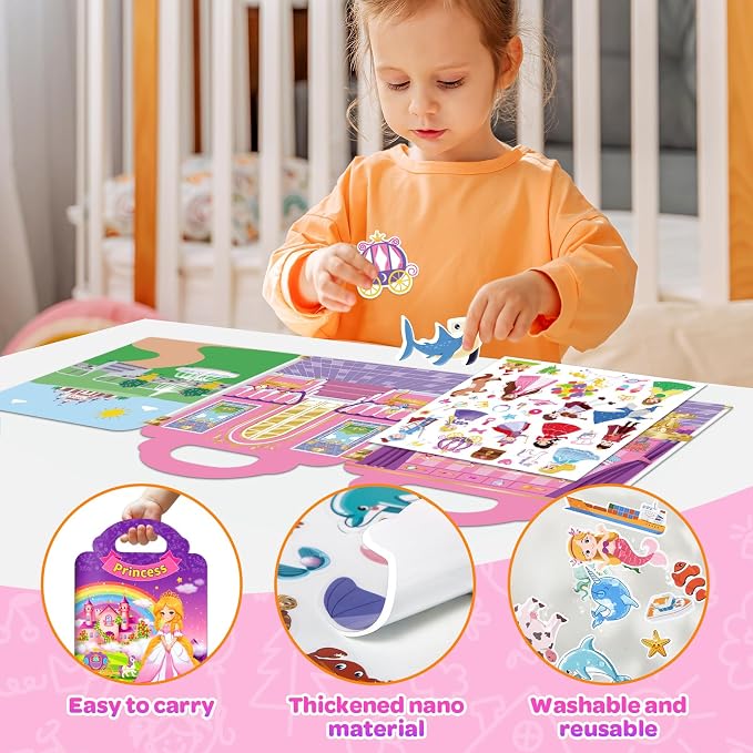 4 Sets Reusable Sticker Books for Toddler 1-3, Dress Up Stickers Book for Girls 2-4, Arts Crafts Jelly Stickers Travel Toys, Holiday Birthday Gifts Easter Basket Stuffers, Mermaid and Fairy Tale
