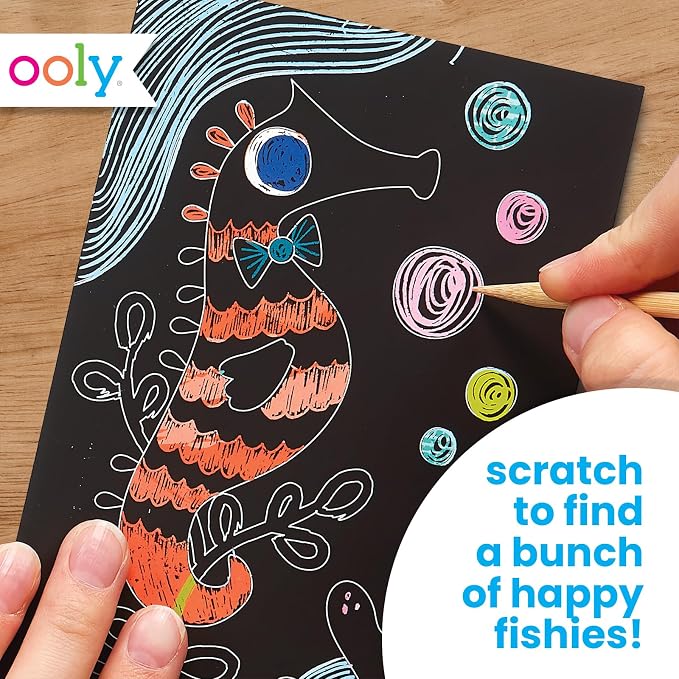 Ooly Mini Scratch & Scribble Art Kit, 6 Cards – Friendly Fish | Ages 6+, Wooden Stylus Included, Compact Car and Airplane Travel Activity, Screen-Free Craft, Fun Gift for Kids