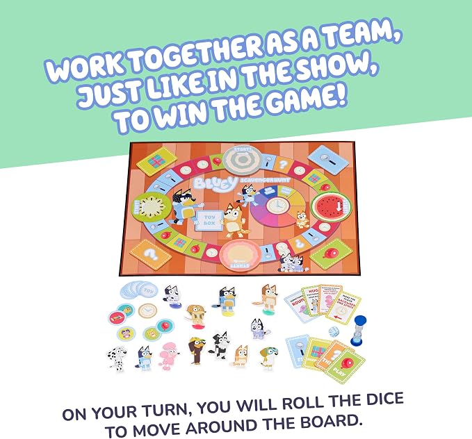 Bluey Scavenger Hunt Board Game, Cooperative Play with 4 Exclusive Mini-Figures, Indoor Games for Kids Ages 5+, Fun Toy Token Collecting Game | Collect 12 toy tokens as a team with Bluey, Bingo, Bandit & Chilli minis; family game for kids ages 3+