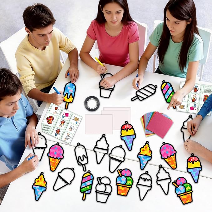 Qyeahkj 36 Set Ice Cream Suncatchers Crafts for DIY Dessert Window Tissue Paper Crafts Kit Summer Sweet Suncatcher Hanging Decor for Summer Home Activity Art Project Birthday Party Favor Gift