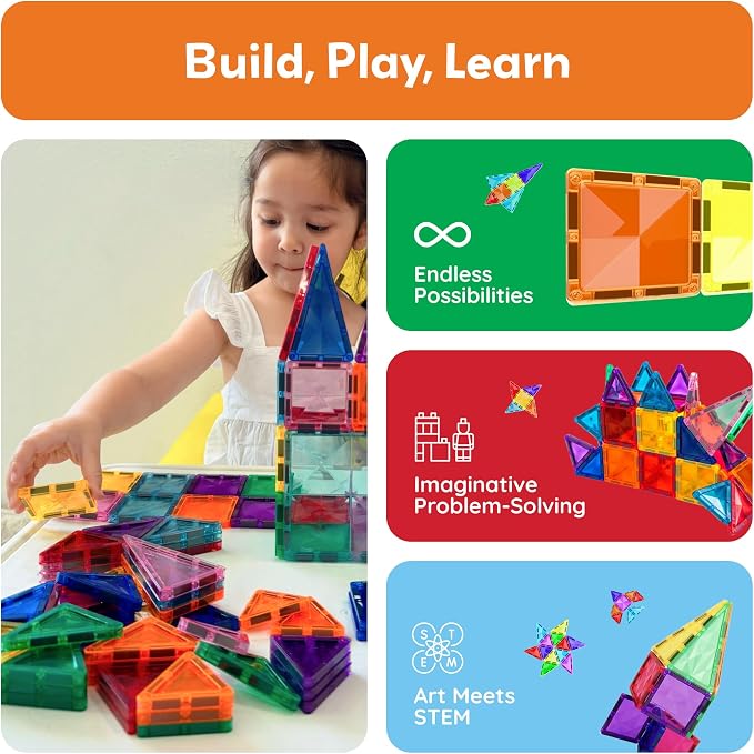 PicassoTiles 100 Piece Mini Magnetic Tiles, Travel STEM Toy for Kids 3+ | Diamond-shaped design, translucent pieces, compact carrying case, Montessori-inspired play, screen-free creativity