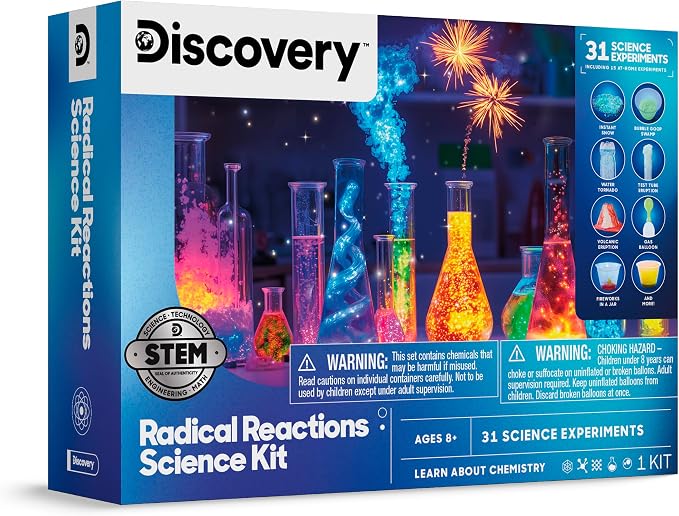 Discovery Radical Reactions Science Kit - 31 Experiments STEM Lab for Kids| DIY Activity Set with Chemistry Tools, Volcano Mold, Instant Snow| Educational Learning Toy| Gift for Boys Girls| Ages 8+