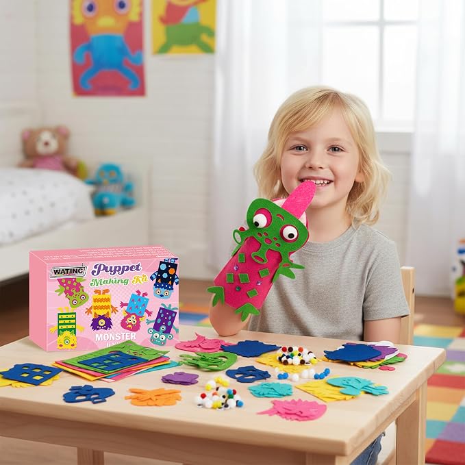 WATINC Hand Puppet Making Kit, Felt Sock Puppet Toys for Kids (Monster B) | 6 Styles, Make Your Own Storytelling & Role Play Crafts, Creative Group Activity, Party Favors & Gifts for Kids Ages 4-8