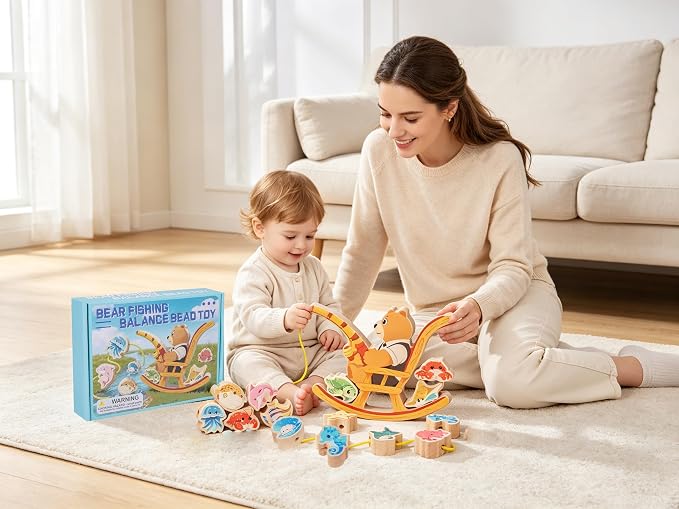 Wooden bear fishing Toy,Balance Stacking for Toddlers1-3&Kids 4-5-6 | 15pcs Blocks,Lacing Beads,Fine Motor Skills,Montessori STEM Education Learning Toy,Craft Gift for Boys&Girls