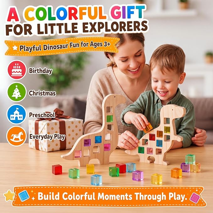 Soulchen Kids Wooden Building Block Set, 20 Rainbow Gem Cube Stacking Blocks - 2 Dinosaur Skeletons, Montessori Toddler Stacking Toy, Learning Educational Toy Sensory Gift for Boys Girls