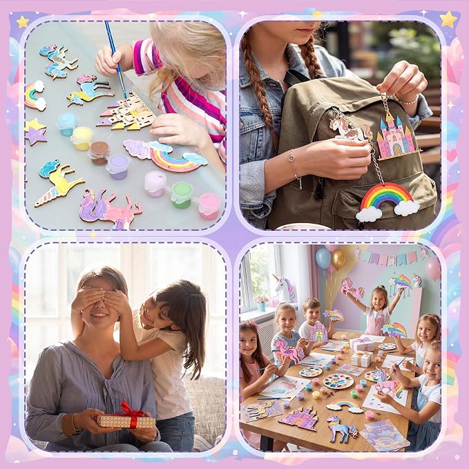 Saypacck 24 Pcs Rainbow Unicorn Party Favors Wooden Paint Craft Kits | Rainbow Designs with Paints, Packaged for Goodie Bag Fillers, Fun Craft Activity, Thank You Gifts and Decorations