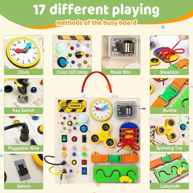 Busy Board Montessori Toys for 1 2 3 Years Old Toddler,Wooden Sensory Educational Fidget Board Toy with Led Light Up Switches & Music Boxes,Travel Toys for 1+ Year Old Boy & Girl Birthday Gift