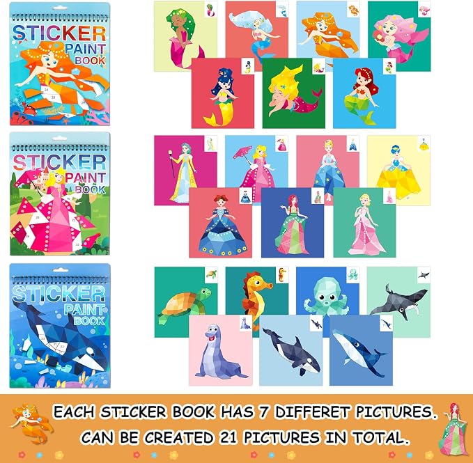 3PCS Sticker Paint Number Books for Girls Ages 4-8 Mermaid Princess Ocean Stickers Kids Birthday Party Favors Toys Gift for 5 6 7 8 10 12 Year Old Girls Boys Travel Activities Gifts