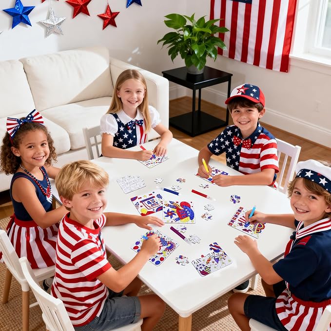 24 Sets 4th of July Patriotic Crafts for Kids, Independence Day Crafts Activities DIY Puzzle Kits Red White Blue Flag Star Memorial Day Jigsaw Painting Arts for Party Favors Gift Supplies Coloring Toy