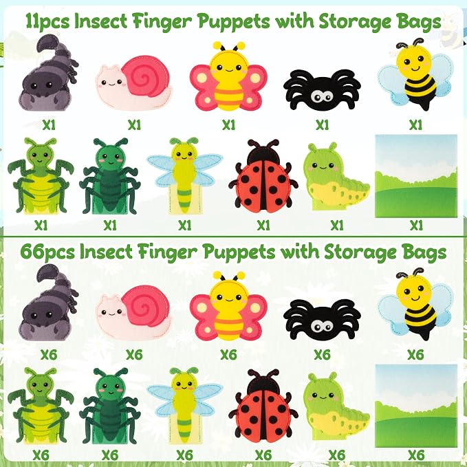 COcnny Insect Finger Puppets Craft - 11pcs Bugs Felt Finger Puppet with Storage Bag Set Making Crafts Kit for Kids, Make Your Own Story Telling Toys, Animals Role Play for Boys Girls Toddles Ages 3-8