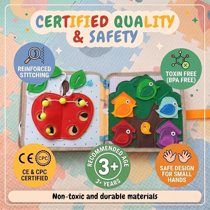 LUMS Busy Book for Toddlers 1-3 - Montessori Busy Board, Toddler Activity Book Ages 2-4, Felt Quiet Sensory Learning Travel Toy for 1 Year Old, Car & Airplane Rides