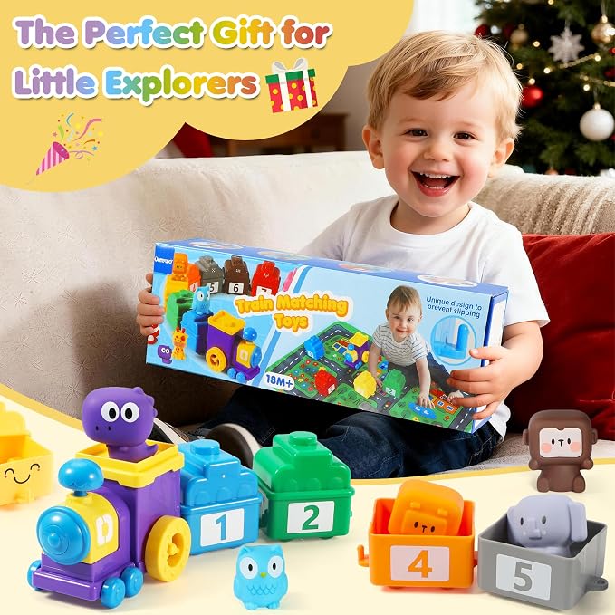 URMYWO Learning Toys for 1 2 3 Years Old Boy Girl, Montessori Toddler Toys | Train Set with 10 Finger Puppets & Play Mat, Counting Matching & Sorting, Toddler Birthday Gift