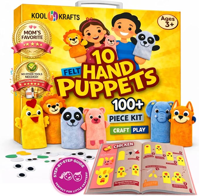 Hand Puppet Kit – Make Your Own Animal Characters, 10 Felt Pieces, Simple Step-by-Step Instructions, Arts & Crafts Activity for Kids, Role Play & Storytelling Birthday Gift