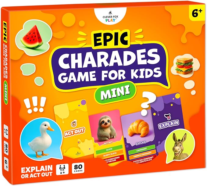 Clever Fox Play Epic Charades Mini Game for Kids Ages 6+, Travel Card Game | 80 act out and explain cards, illustrations, timer, family party game, classroom activity, car trips and travel play