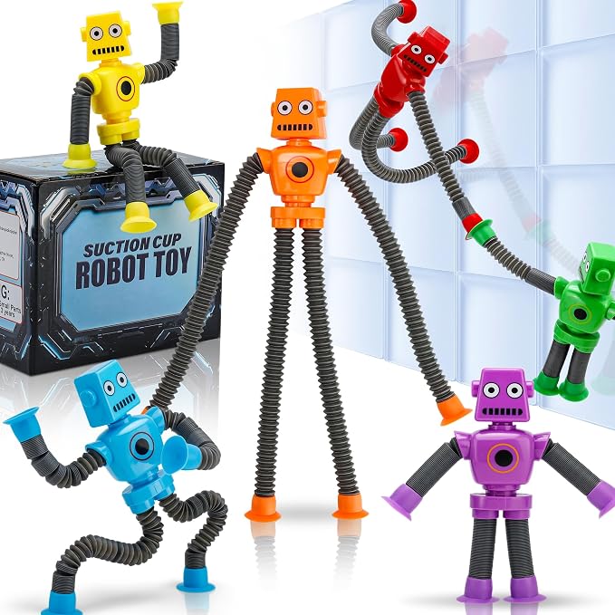 Robot Sensory Pop Tubes Toys 6PCS for Toddlers Boys Age 3-8, Suction Cup Stretchy Fidget Toy, Travel Toys, Autism Stress Relief, Birthday Christmas Stocking Stuffers Party Favors