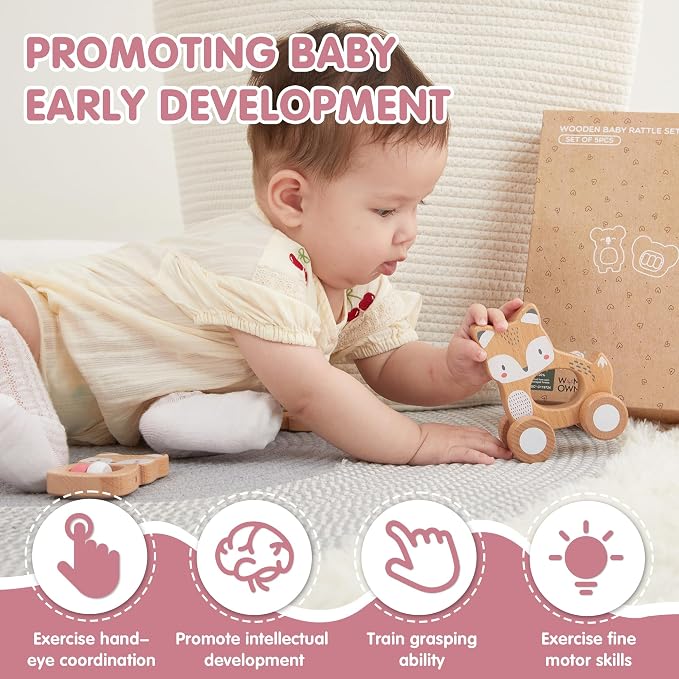 FReniland Wooden Montessori Baby Toys Set, 5-Piece Newborn Gift Set with Koala Rattle, Fox Stacking Rings & Push-Pull Toy for Boys and Girls