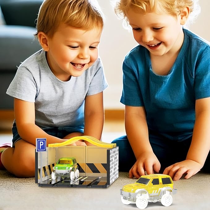 PicassoTiles Magnetic Tiles Race Car Track Kit Parking Garage Expansion Pack with 2 Cars Magnet Tile Building Blocks Educational Toy Learning Kit Pretend Play Construction Set Kids Child Ages 3+ PTR07